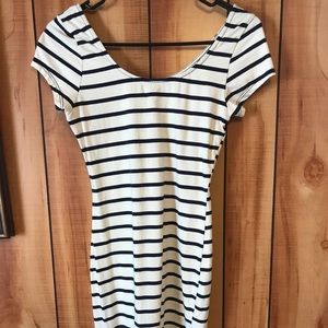 Fitted navy blue and white striped dress